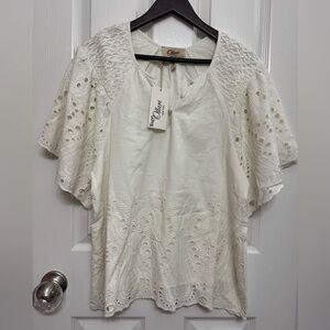 Ollari New York White Eyelet Boho Blouse | Smocked Cotton Top | Size L | NWT
